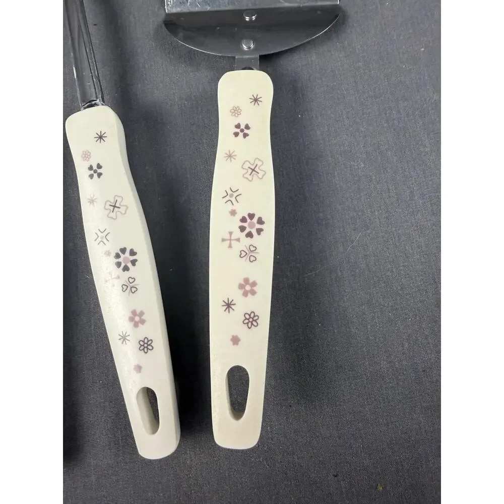 Vintage Ekco Slotted Spoon Serving Fork & Spatula White W/ Purple Flowers